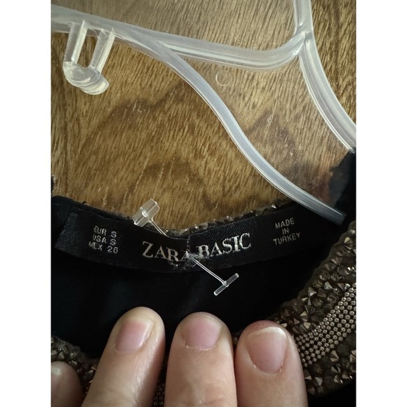 Zara Double Layer Black Blouse Short Sleeve Embellished Collar Preppy Sheer Sz S - Picture 2 of 8